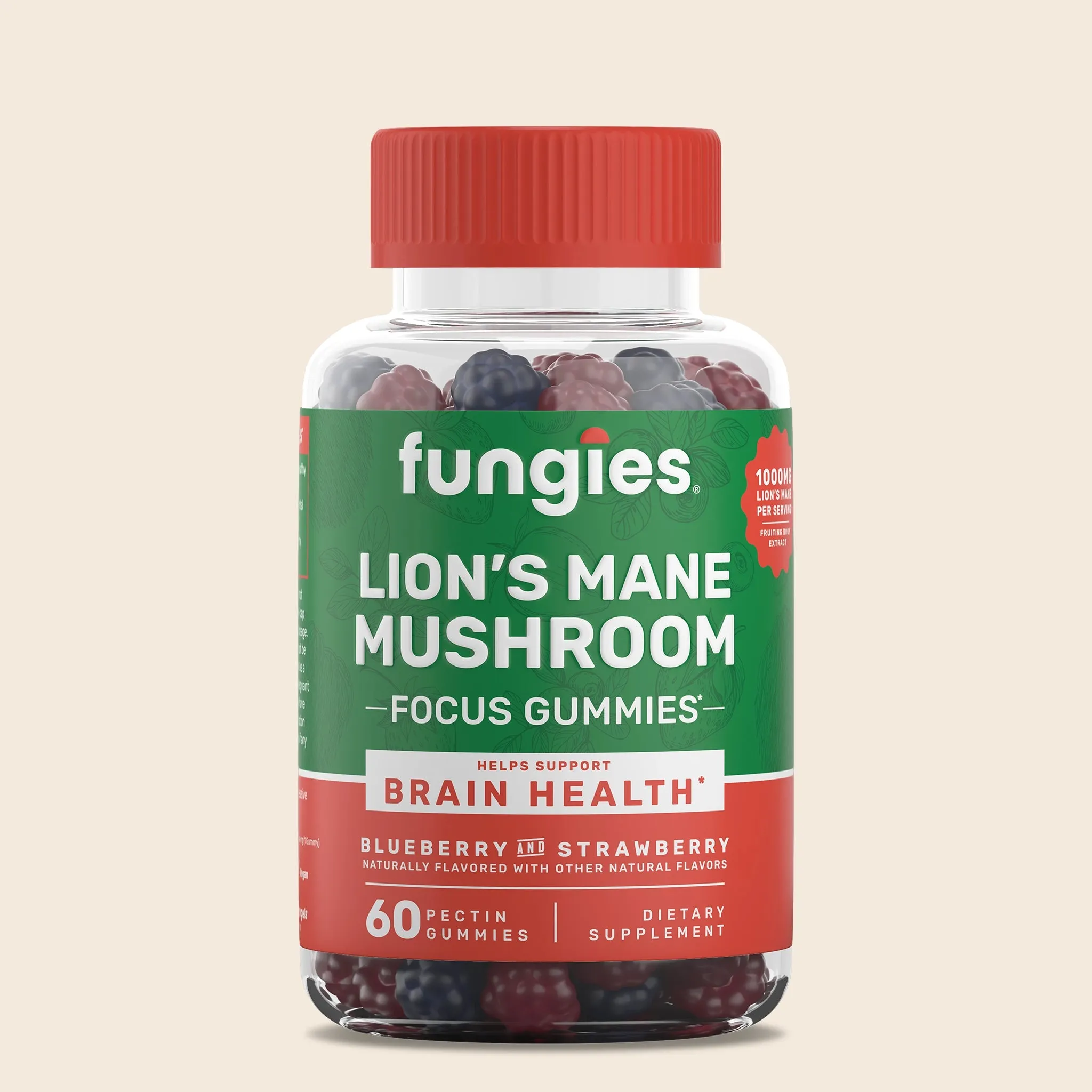 Lion's Mane Mushroom Gummies (60 Count) in a clear bottle with red lid, featuring blueberry and strawberry-shaped gummies, 1,000 mg Lion’s Mane extract per serving.